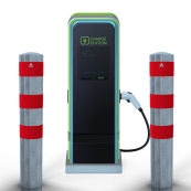 Impact protection bollards | as e-charging post protection |  193 mm | hot-dip galvanized with 3 red reflective strips foil type RA1/A | for casting in concrete